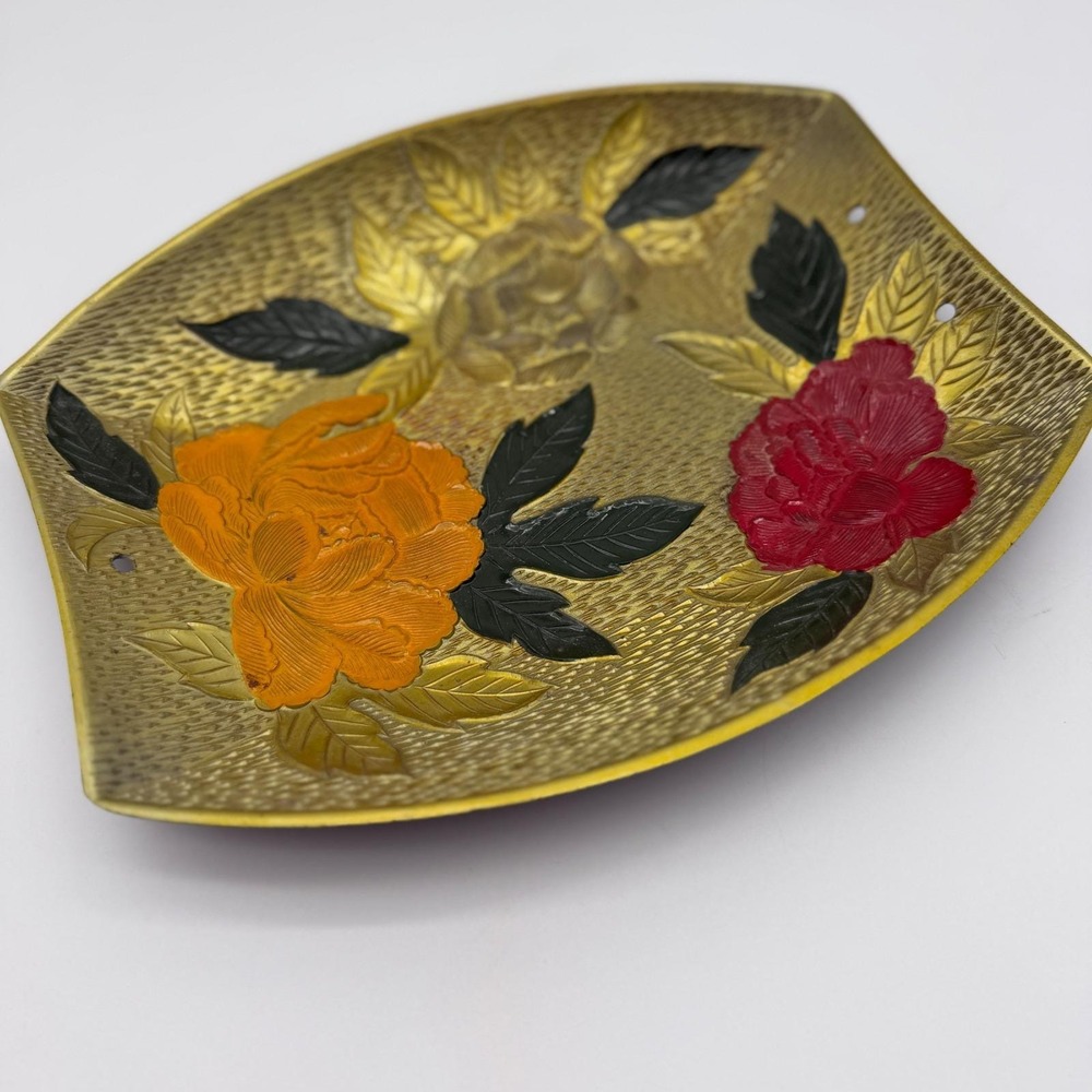 Vintage Asian Style Floral Peony Decorative Tray Gold Textured Relief 9.5 Inch
